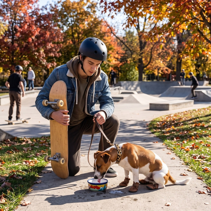 Collier pour chien dans un parc avec un garçon en planche à roulettes