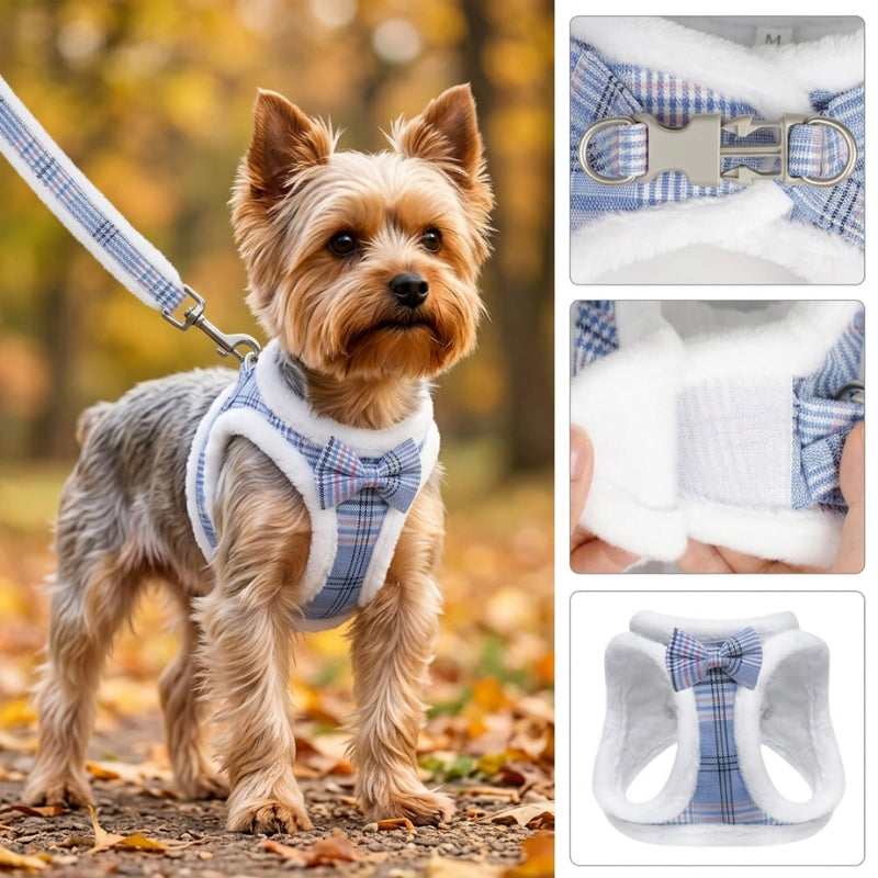 Harnais chien petite taille bleu yorkshire et détails des attaches et du rembourrage