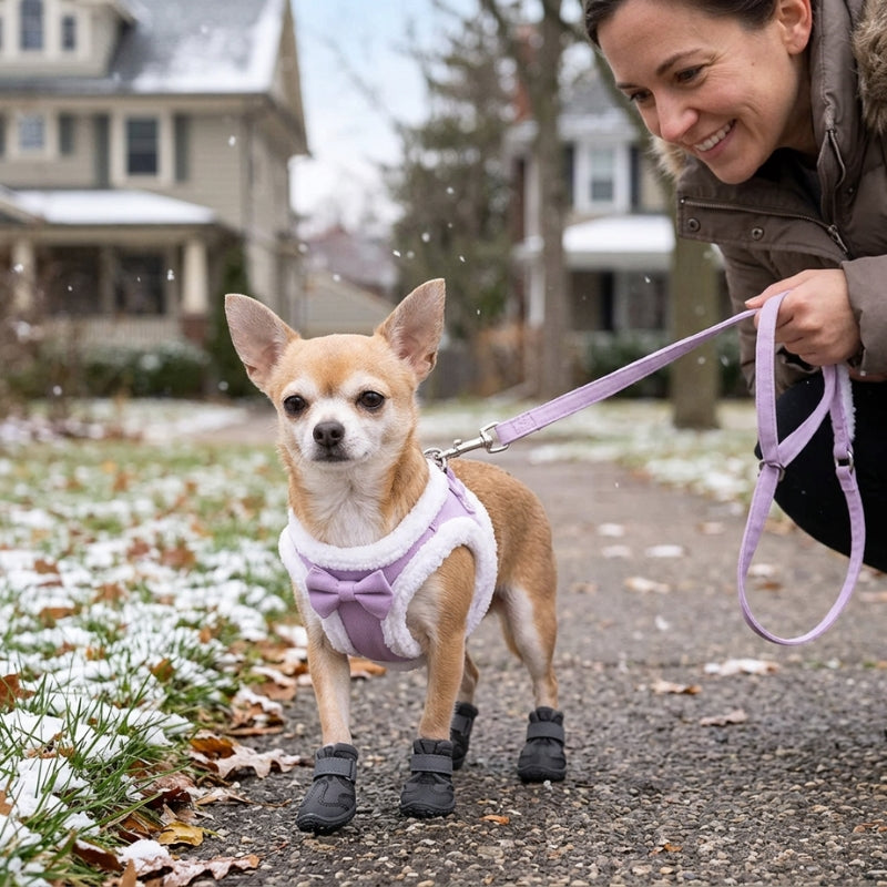Harnais chien petite taille rouge sur un chihuahua près de deux hommes dont un porte un chien blanc en ville