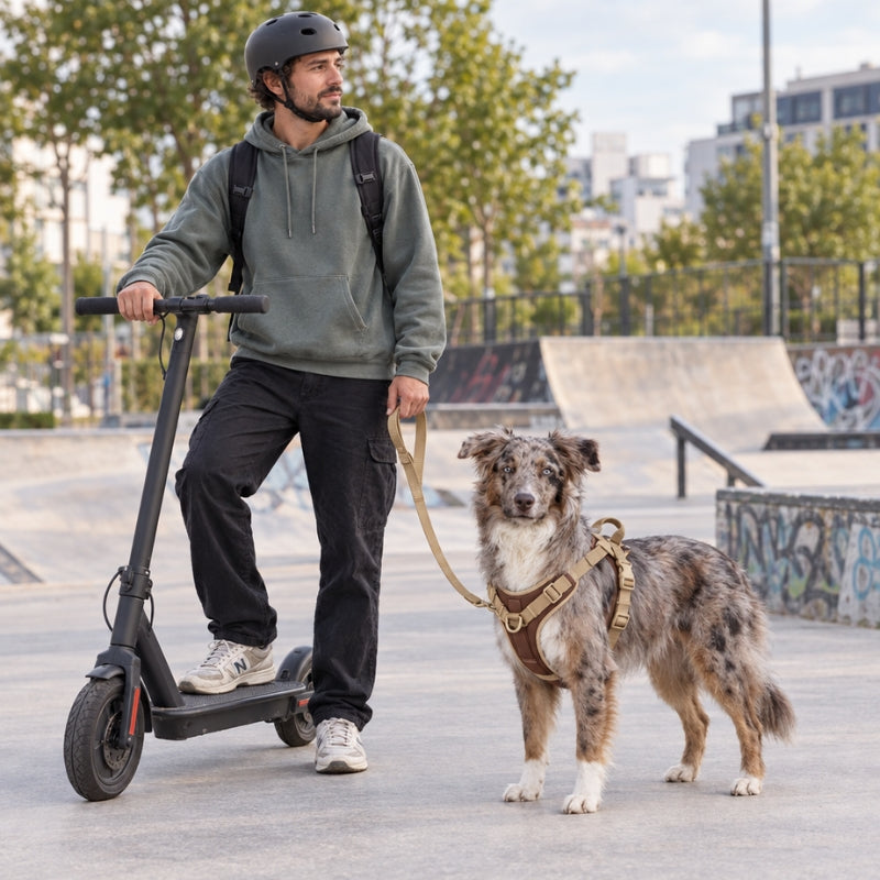 Harnais chien randonnée chocolat sur un berger australien en laisse près d’un homme sur une trottinette électrique