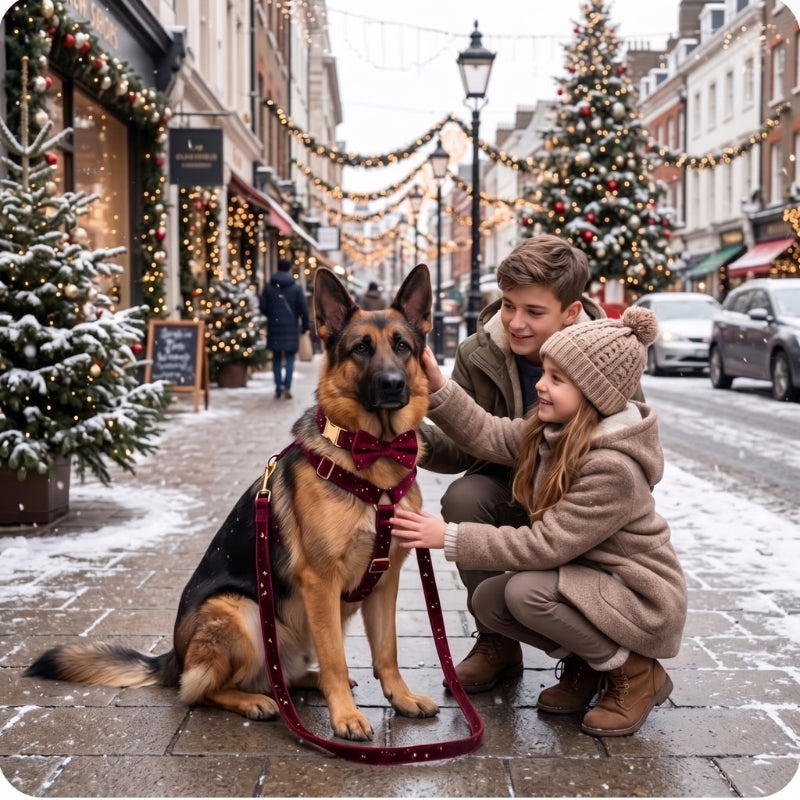 Harnais pour chien berger allemand en promenade de Noël en ville avec deux enfants