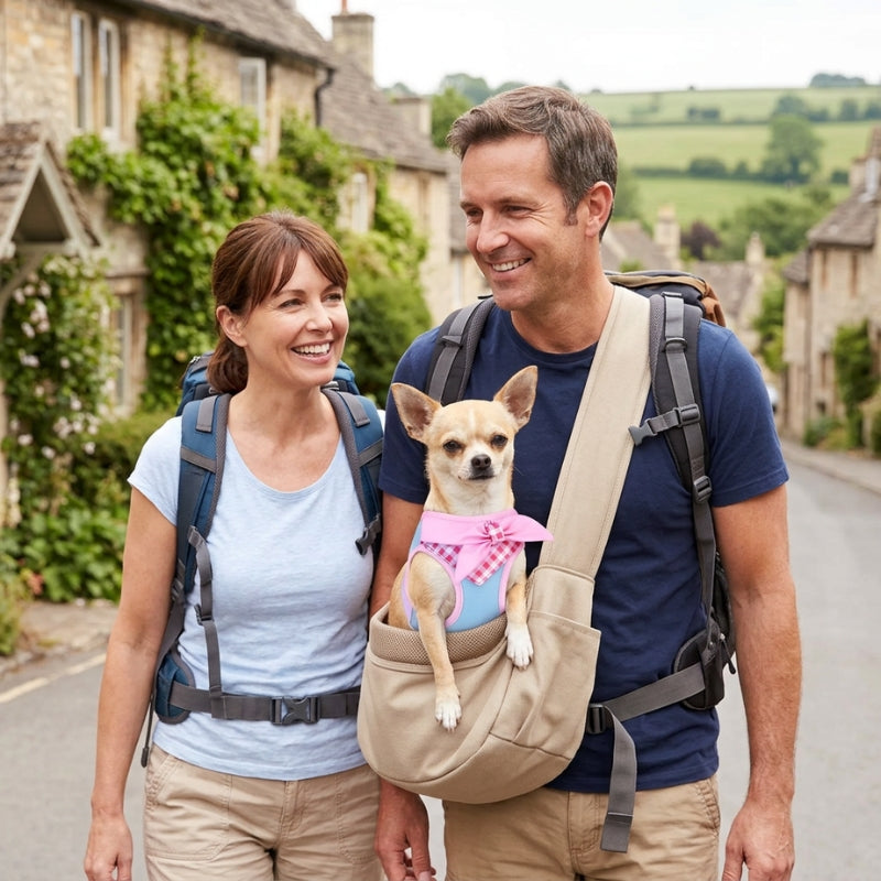 Harnais pour petit chien rose chien dans un sac de transport avec un couple