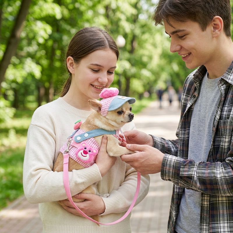Harnais pour petit chien rose jeune couple avec un chien dans les bras au parc