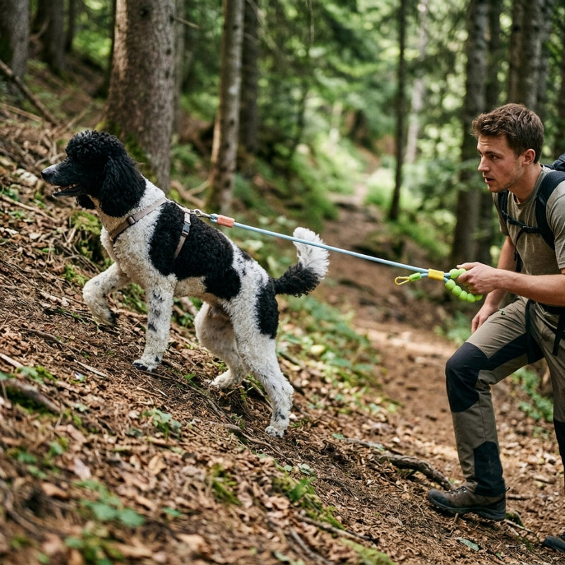 Laisse randonnée chien homme retenant un caniche noir et blanc dans une montée forestière
