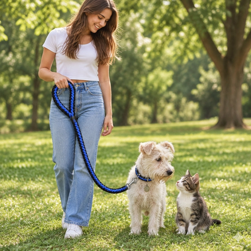 Laisse randonnée chien noire et bleue jeune femme tenant la poignée près de son terrier et un chaton assis