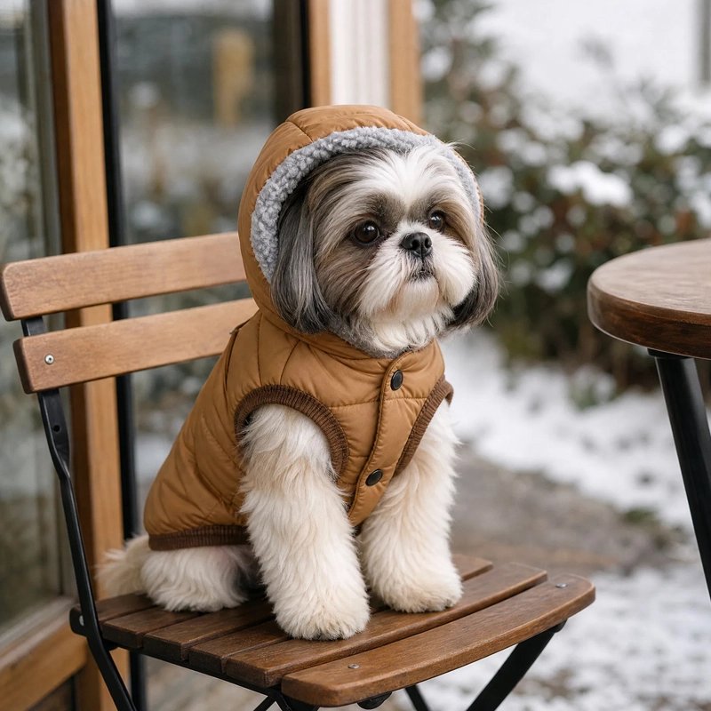 Manteau Chien Petit chien portant un manteau brun assis sur un banc à l’extérieur