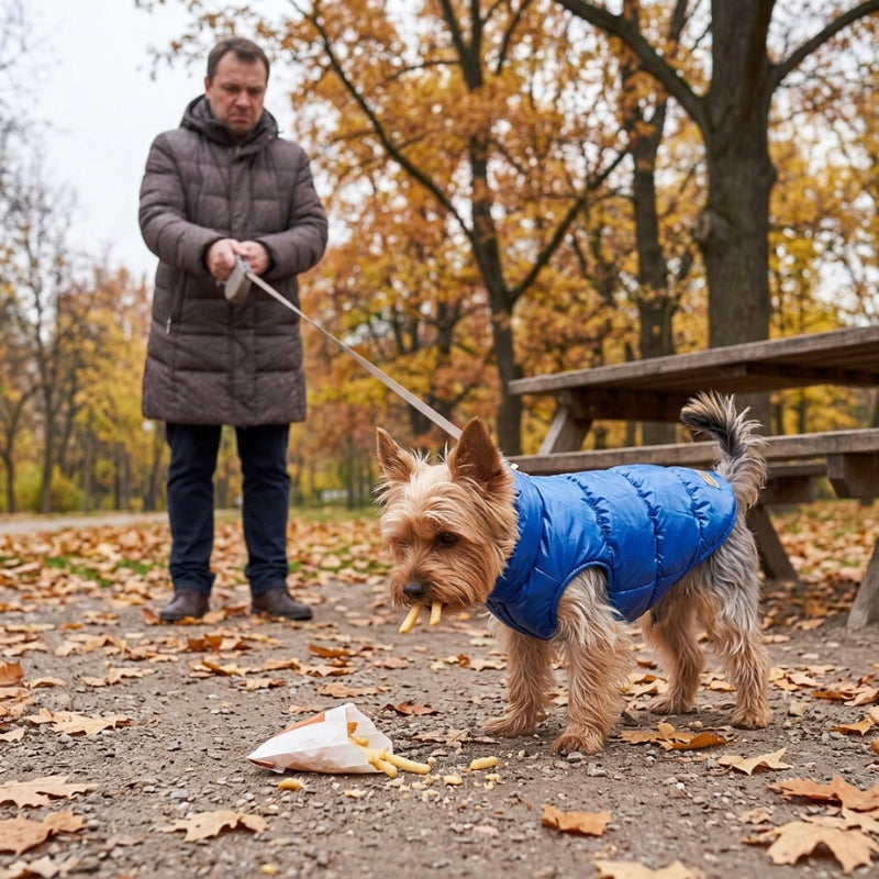 Muselière pour chien absente sur un yorkshire en manteau bleu avec des frites dans la bouche