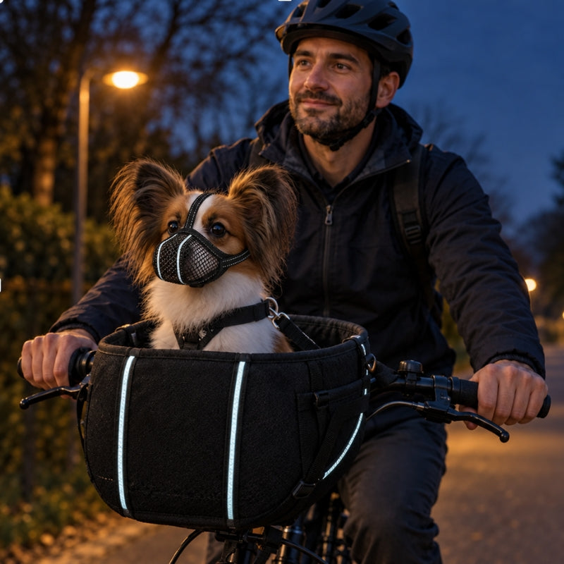 muselière pour chien dans le panier fixé au guidon du vélo avec François au crépuscule