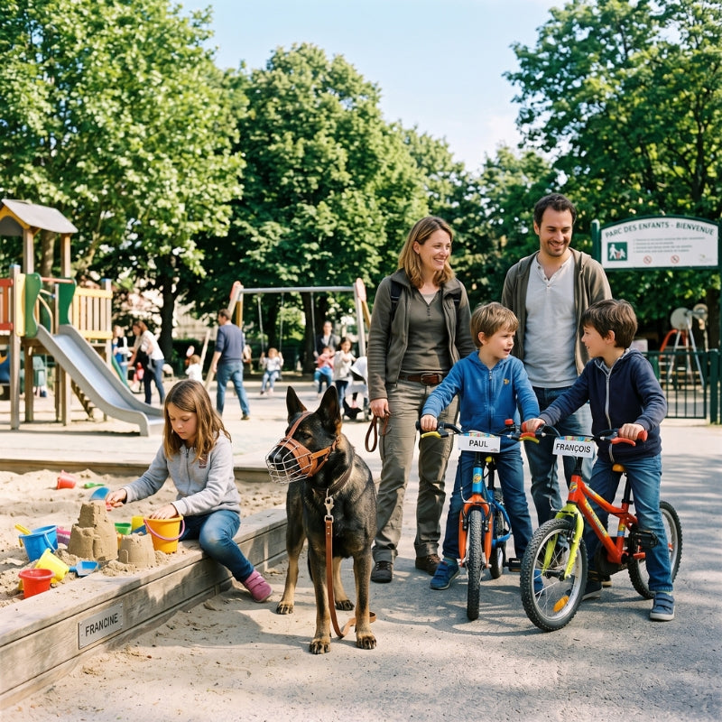 Muselière pour chien famille dans un parc carré de sable
