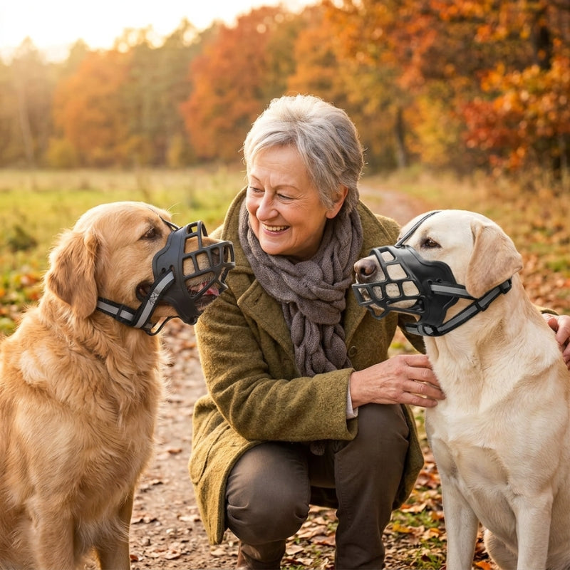 Muselière pour chien femme âgée avec deux chiens à la campagne en automne