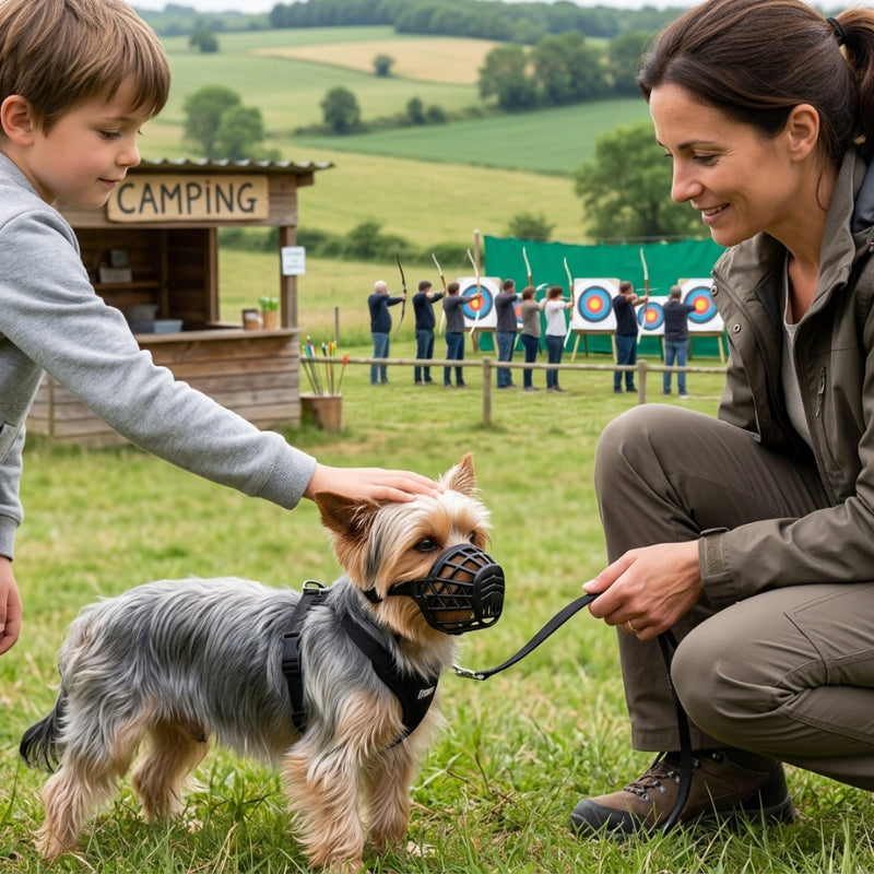 Muselière pour chien noire sur un yorkshire caressé par un enfant près du camping et du tir à arc