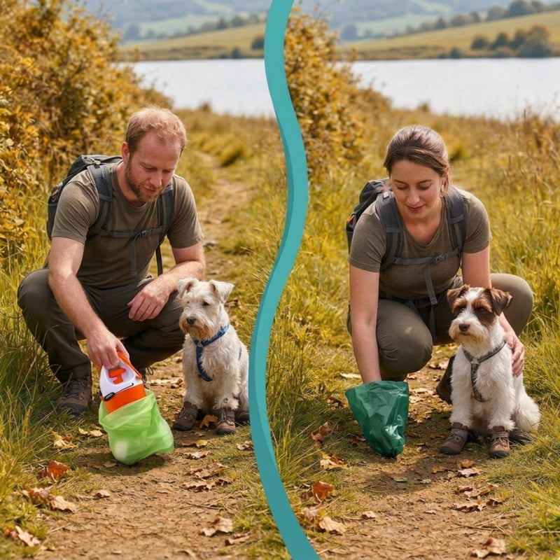 ramasse crotte pour chien comparatif homme utilisant le produit et femme utilisant un sac sur un sentier automnal