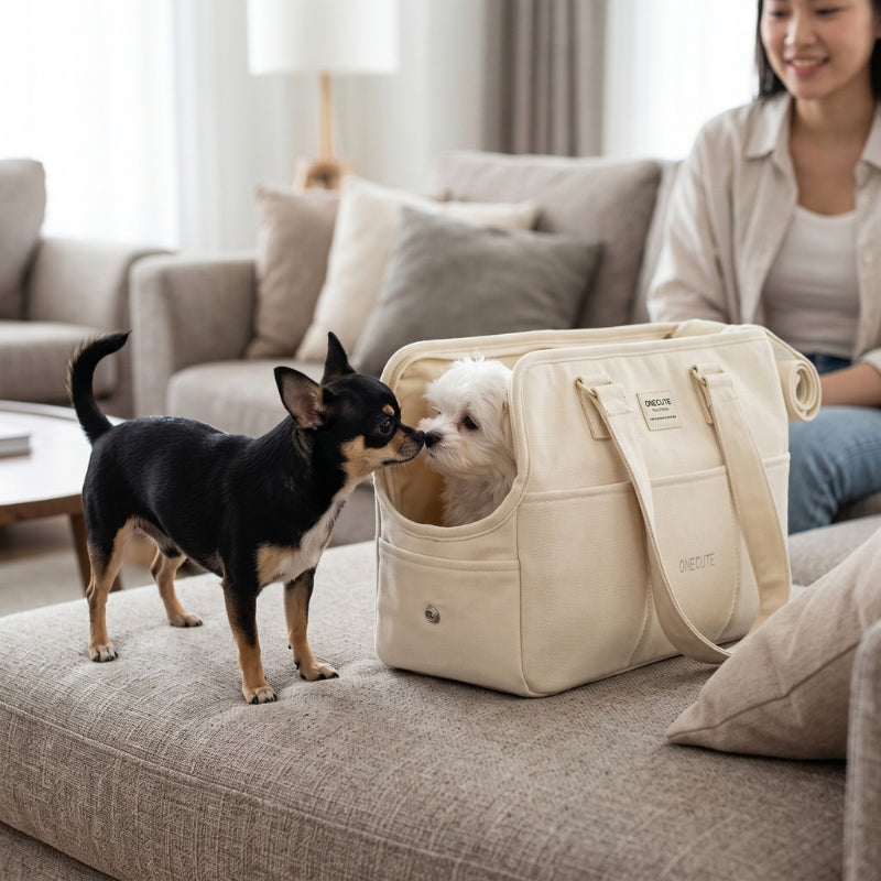 Sac de transport pour chien beige dans le salon