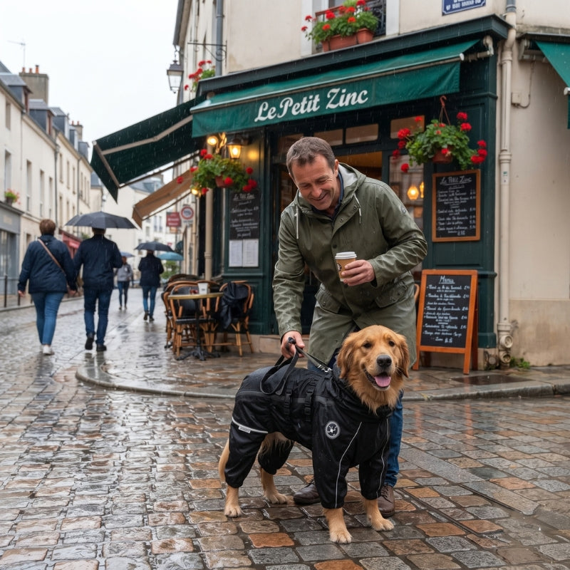 Vêtement pour chien noir sur un chien assis près d’un homme devant un café