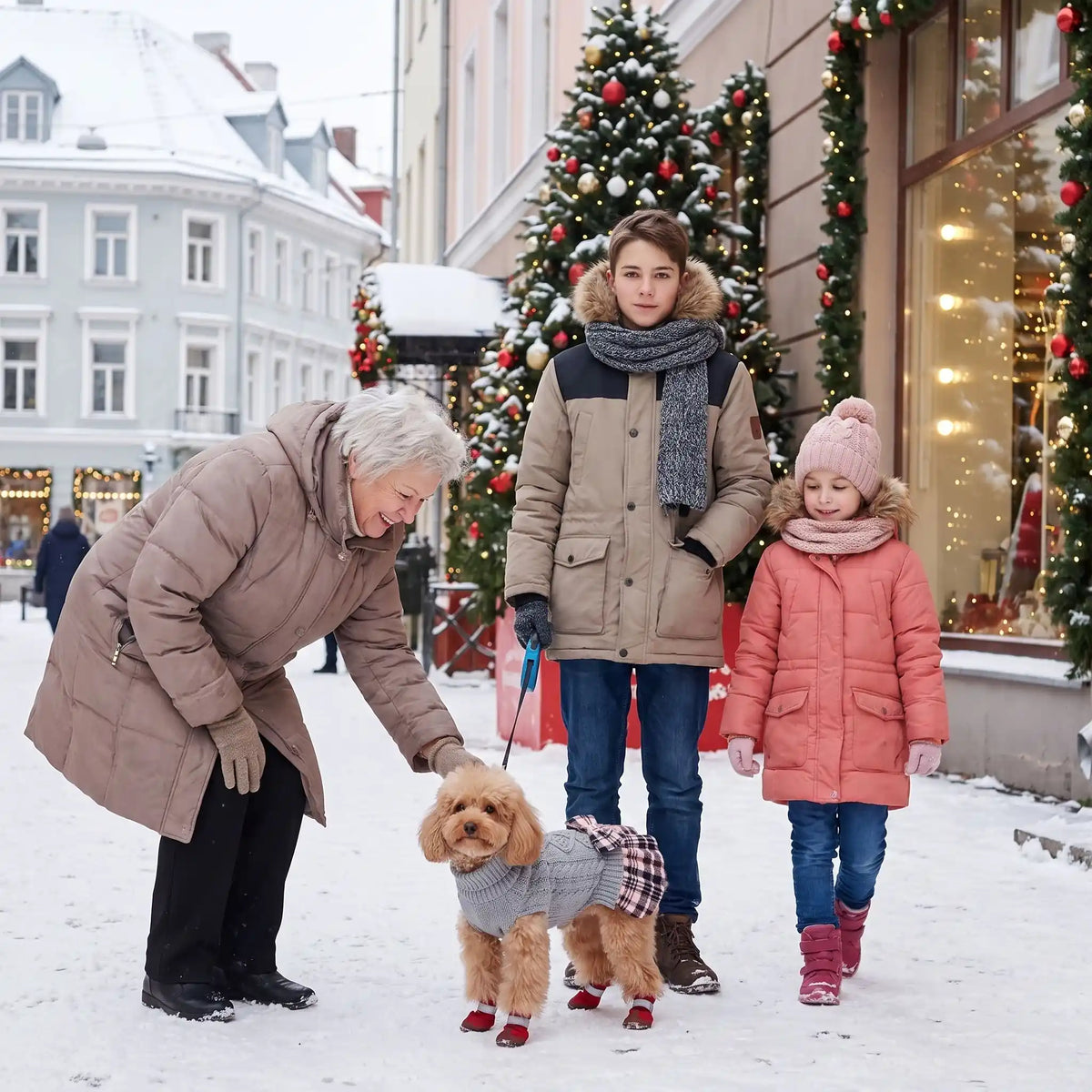 Costume Noël chien une femme âgée flatte le chien