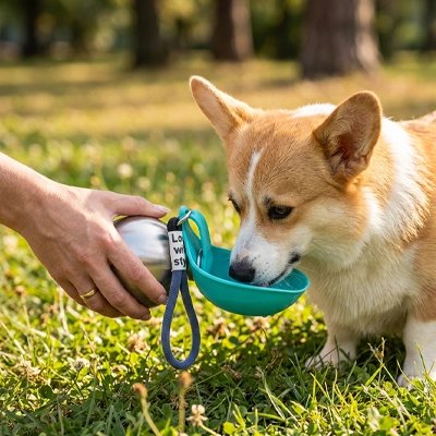 Gourde pour Chien une main donne la gourde au chien qui boit dans la gamelle bleue sur du gazon