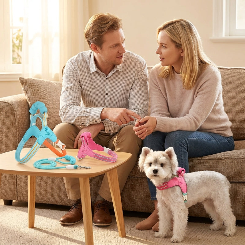 Harnais chien petite taille rose chien près du couple et ensemble turquoise sur table