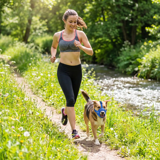 Jeune fille promene son chien muselière bleue
