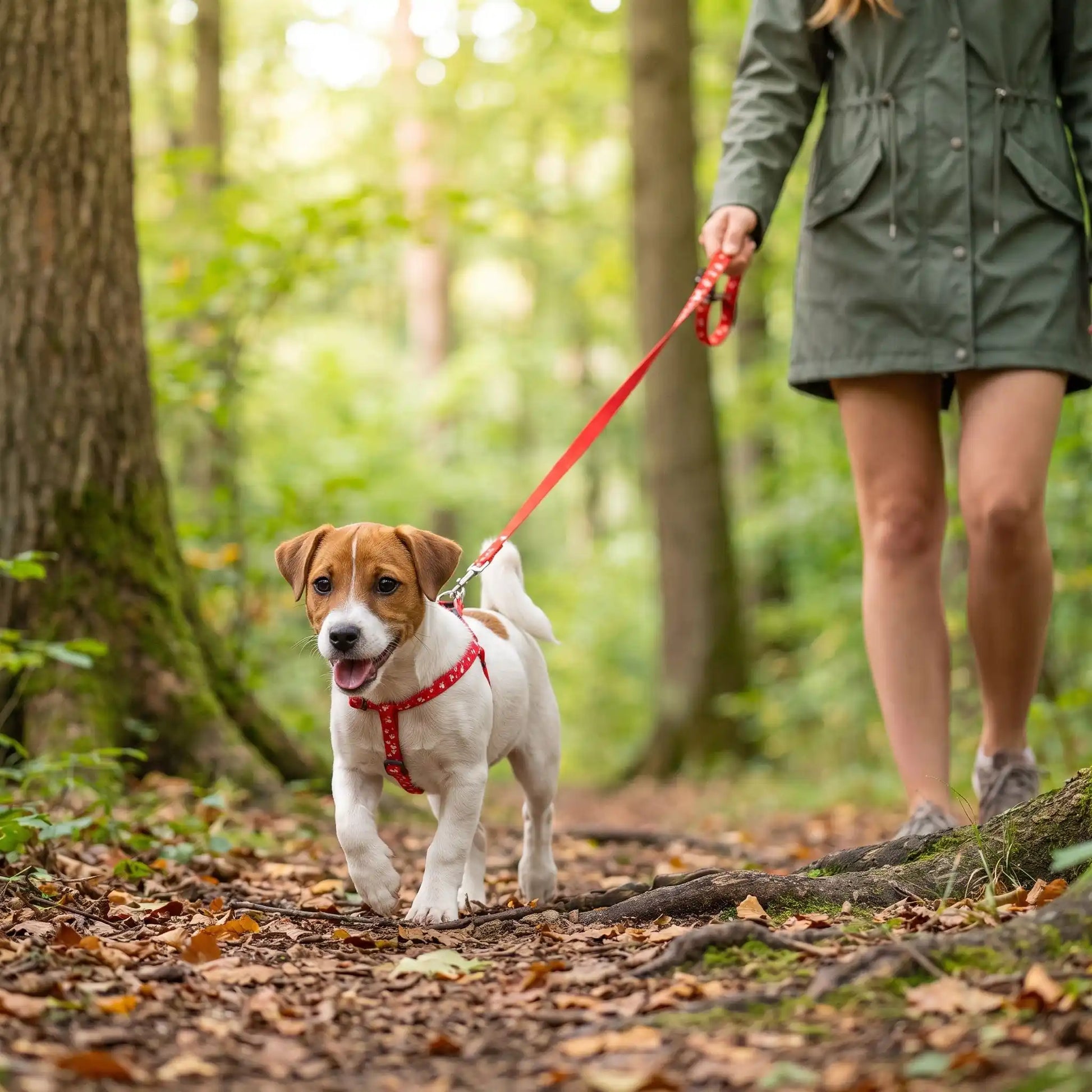 Jeune fille promene chien foret