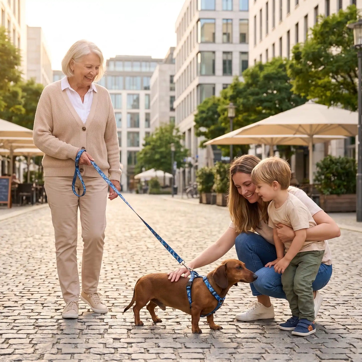 Maman chien saucisse laisse bleu