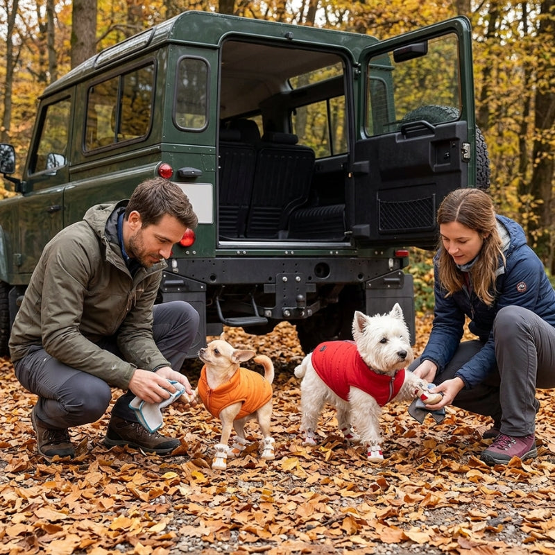 Chaussure pour chien orange et rouge nettoyée par un couple près d’un véhicule en automne