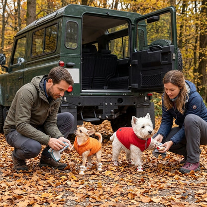 Chaussure pour chien orange et rouge nettoyée par un couple près d’un véhicule en automne