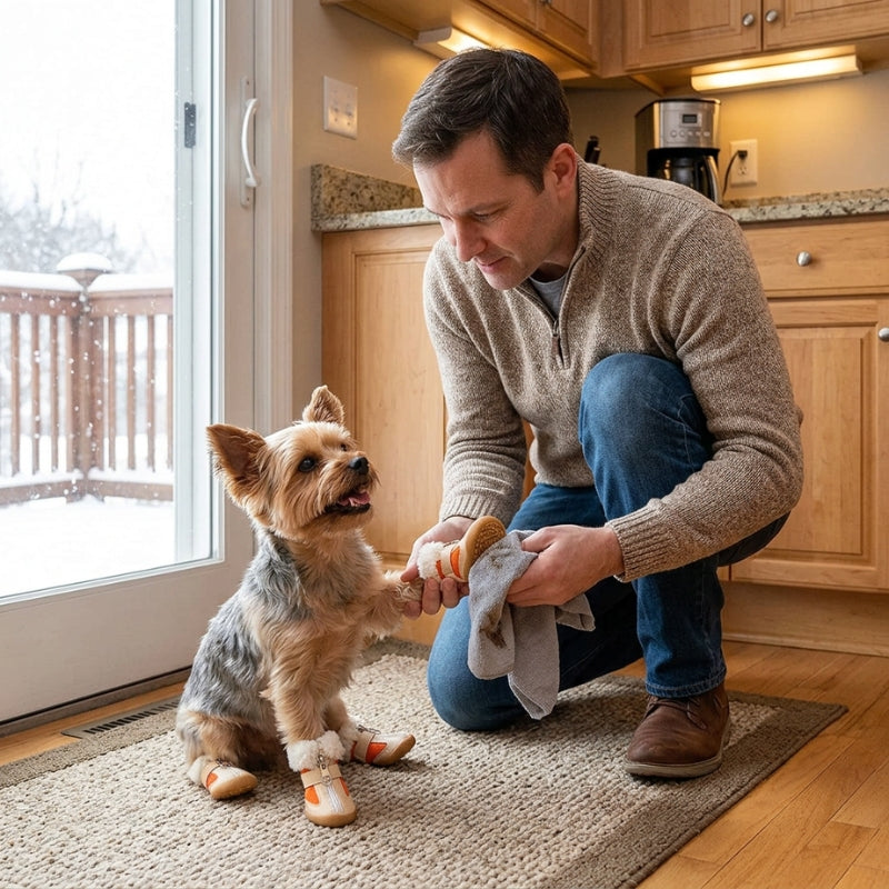 Chaussure pour chien orange nettoyée par un homme sur le tapis de la cuisine