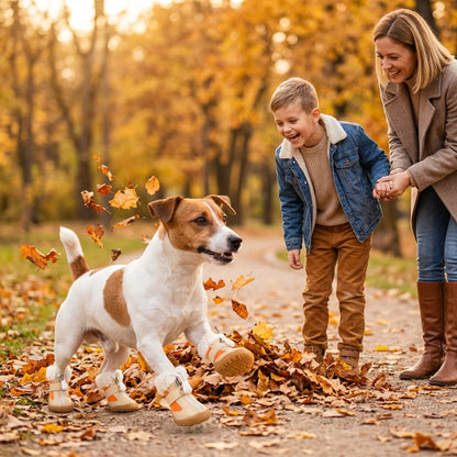 Chaussure pour chien orange sur un jack russell dans les feuilles avec un garçon et sa mère