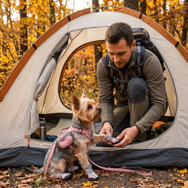Chaussure pour chien rose ajustée par un homme sur un yorkshire à l’entrée d’une tente