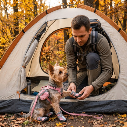Chaussure pour chien rose ajustée par un homme sur un yorkshire à l’entrée d’une tente
