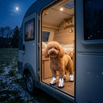 Chaussure pour chien rose réfléchissante sur un caniche à l’entrée d’un campeur la nuit