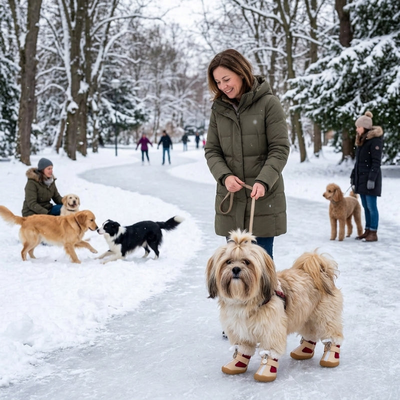 Chaussure pour chien rouge sur un lhassa apso avec une femme près d’une patinoire