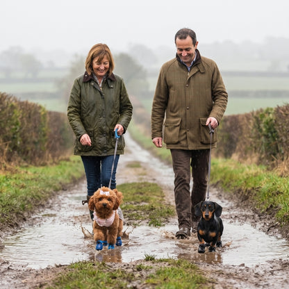 Chaussures pour chien avec un couple et deux chiens sur un chemin mouillé