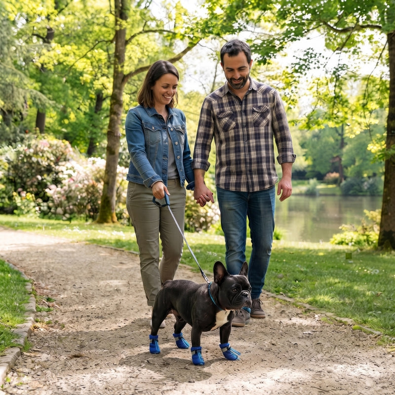 Chaussures pour chien avec un couple promenant un chien noir au parc
