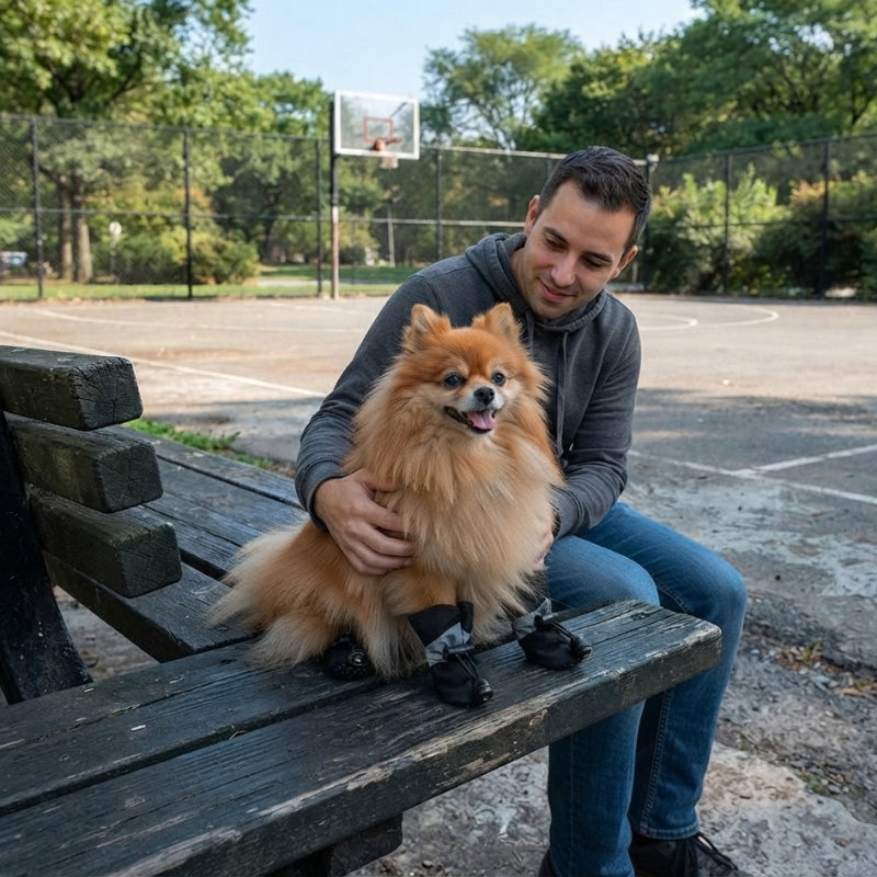 Chaussures pour chien bleues ajustées sur un petit chien assis sur un banc