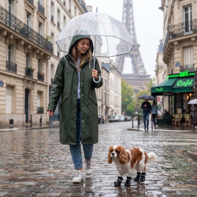 Chaussures pour chien avec une femme promenant son chien en ville sous la pluie