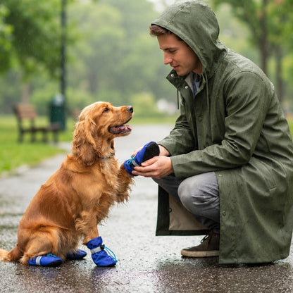 Chaussures pour chien bleues ajustées par un homme sur un chien doré