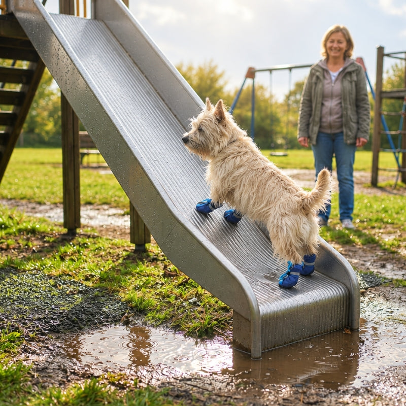 Chaussures pour chien bleues portées par un chien sur une glissade pour enfants mouillée