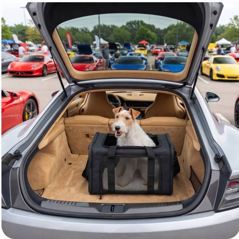 Chien dans un sac de transport dans le coffre ouvert d’une voiture