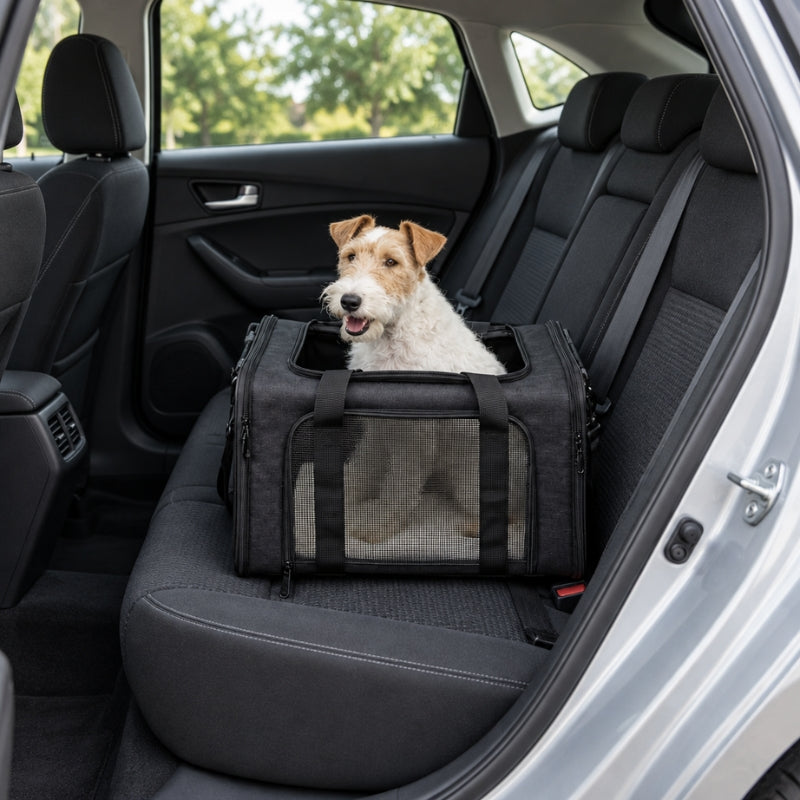 Chien dans un sac de transport sur la banquette arrière d’une voiture