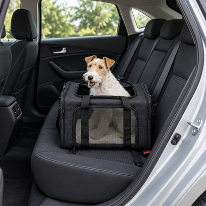 Chien dans un sac de transport sur la banquette arrière d’une voiture