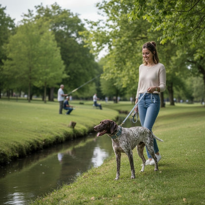 Collier chien bleu jeune fille au bar d'un ruisseau avec pêcheur