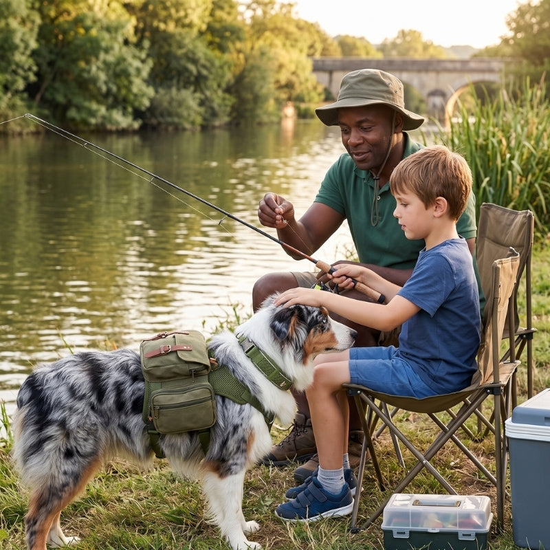 Collier chien père et fils à la pêche avec le chien
