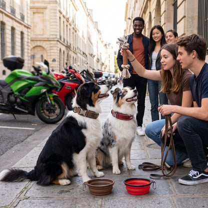 Collier chien deux chiens avec une gamelle et une moto dans la rue