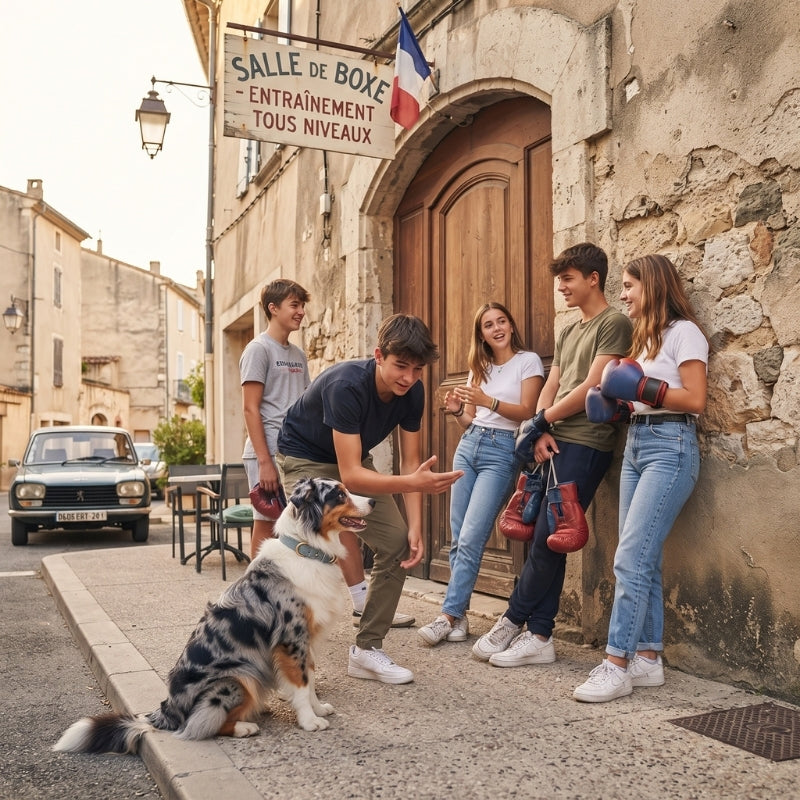 Collier chien un groupe d'amis au centre sportif de boxe