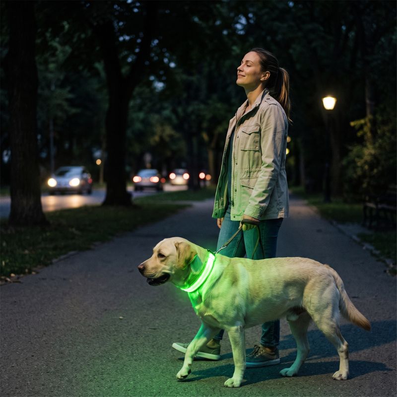 Collier lumineux chien Lumiled Femme avec son chien prend une marche