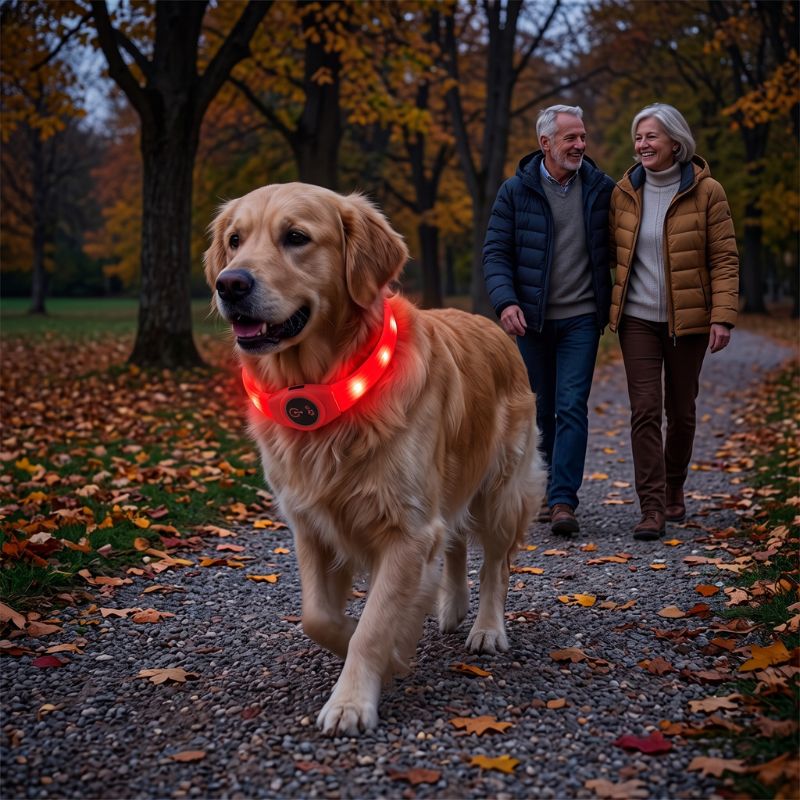 Collier lumineux chien SuperLed 300m un couple promene leur chien dans un sentier en automne