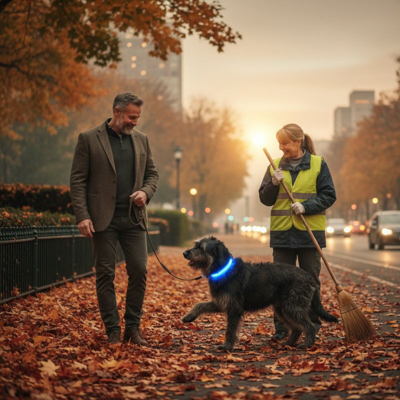 Collier lumineux chien SuperLed un homme promène son chien une femme travaille à ramasser des feuilles d'automne
