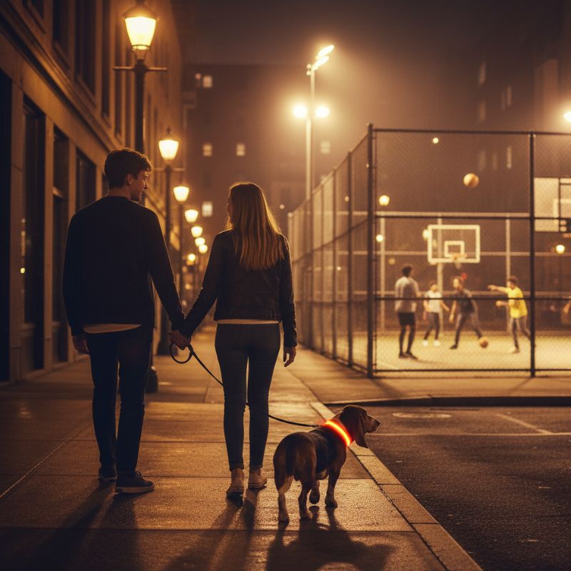 Collier lumineux chien SuperLed couple se tenant la main devant des joueurs de basket-ball