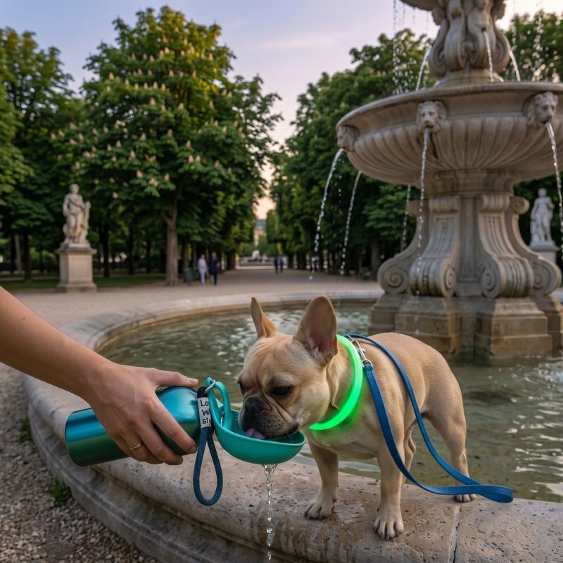 Collier lumineux chien SuperLed main donne de l'eau dans une gourde au petit chien devant une fontaine
